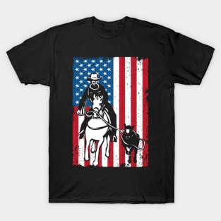 Distressed Cowboy Roping USA American Flag T-Shirt